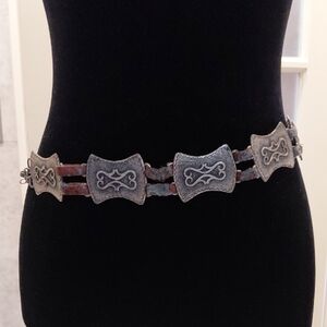 "Vintage Brighton" 28in+9in Ext. Brown Leather Belt with Silver-Tone Conchos